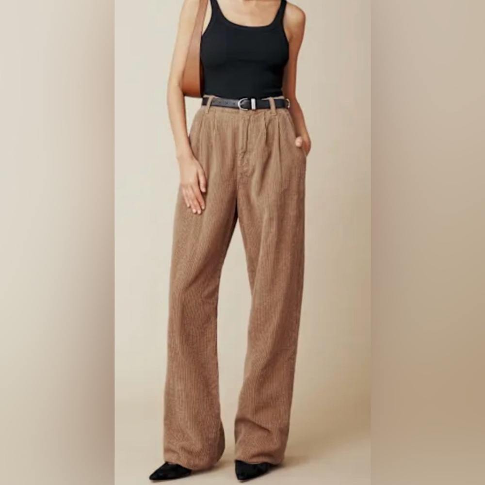 Reformation Montauk Pleated High Rise Brown Wide Leg Corduroy Pants Women 29x29